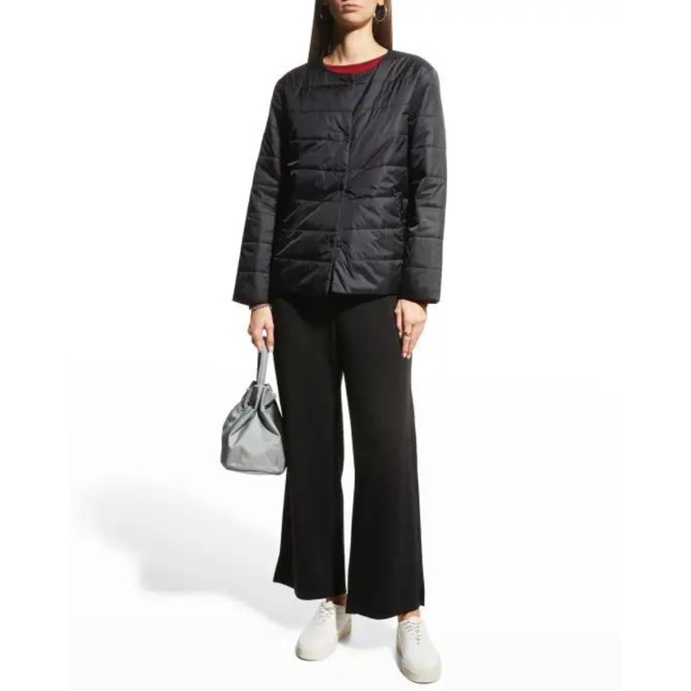 NWT EILEEN FISHER Quilted Organic Round Neck Tencel Linen Padded Jacket in Black